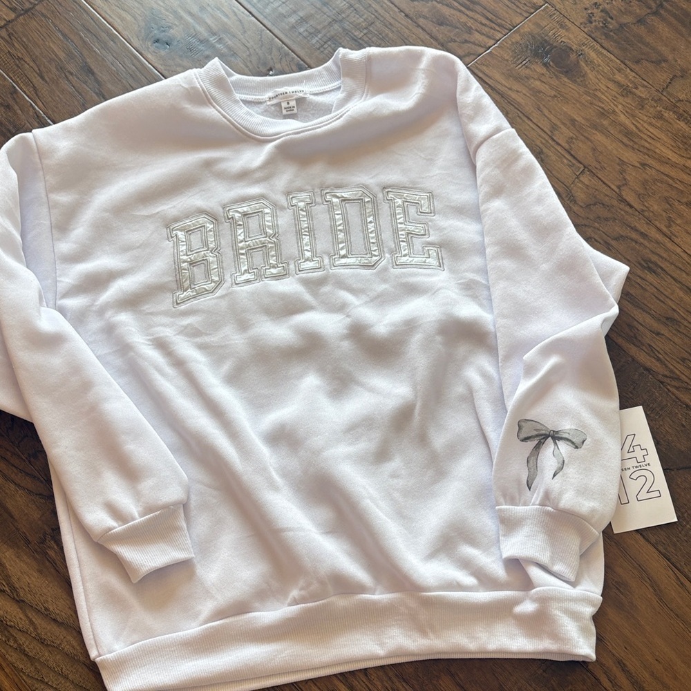White Embroidered Bride Sweatshirt with Bow Detail